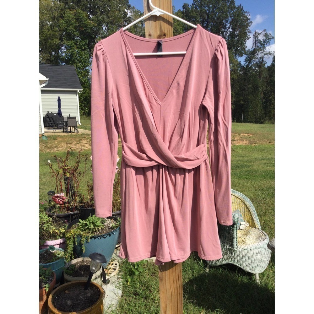 ALYA womens long sleeve romper size small s pink v-neck faux wrap dusty rose